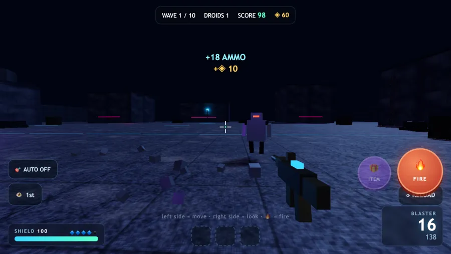 First person view of the Night City arena: a droid in the crosshair, the blaster in hand, pink neon signs across dark buildings, and the on-screen fire and reload buttons the tablet version is played with.