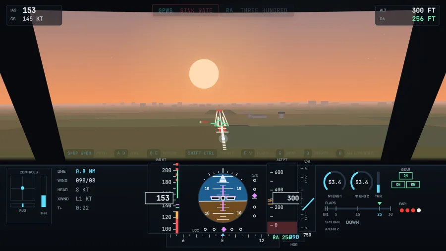 The cockpit on short final at sunrise: the runway and its approach lights ahead, with a live panel showing airspeed, attitude, altitude, vertical speed, engine N1 and the PAPI.
