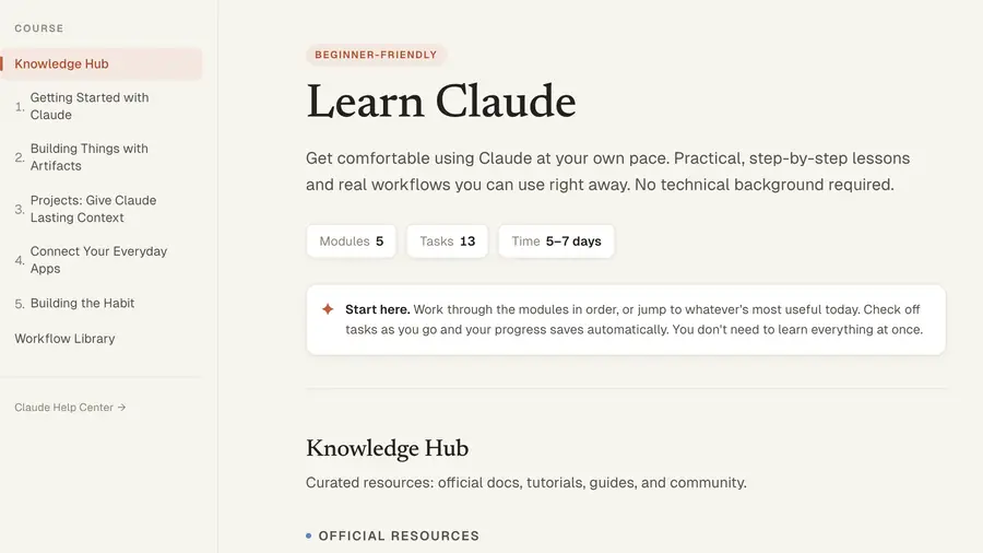 The Learn Claude course home: a five-module course nav, module and task counts, and a start-here panel.