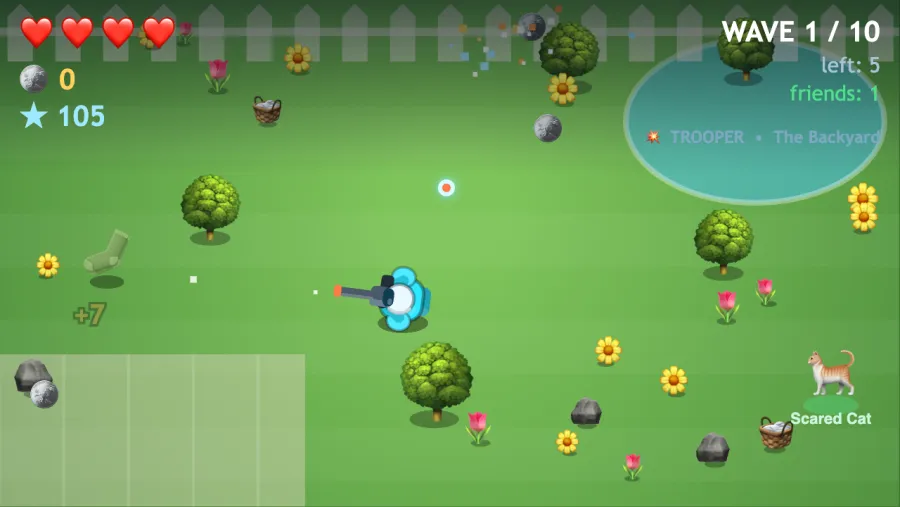 Top down view of the backyard: the player firing at a sock monster, a score pop, coins scattered on the grass, and a friend called Scared Cat waiting to be rescued.